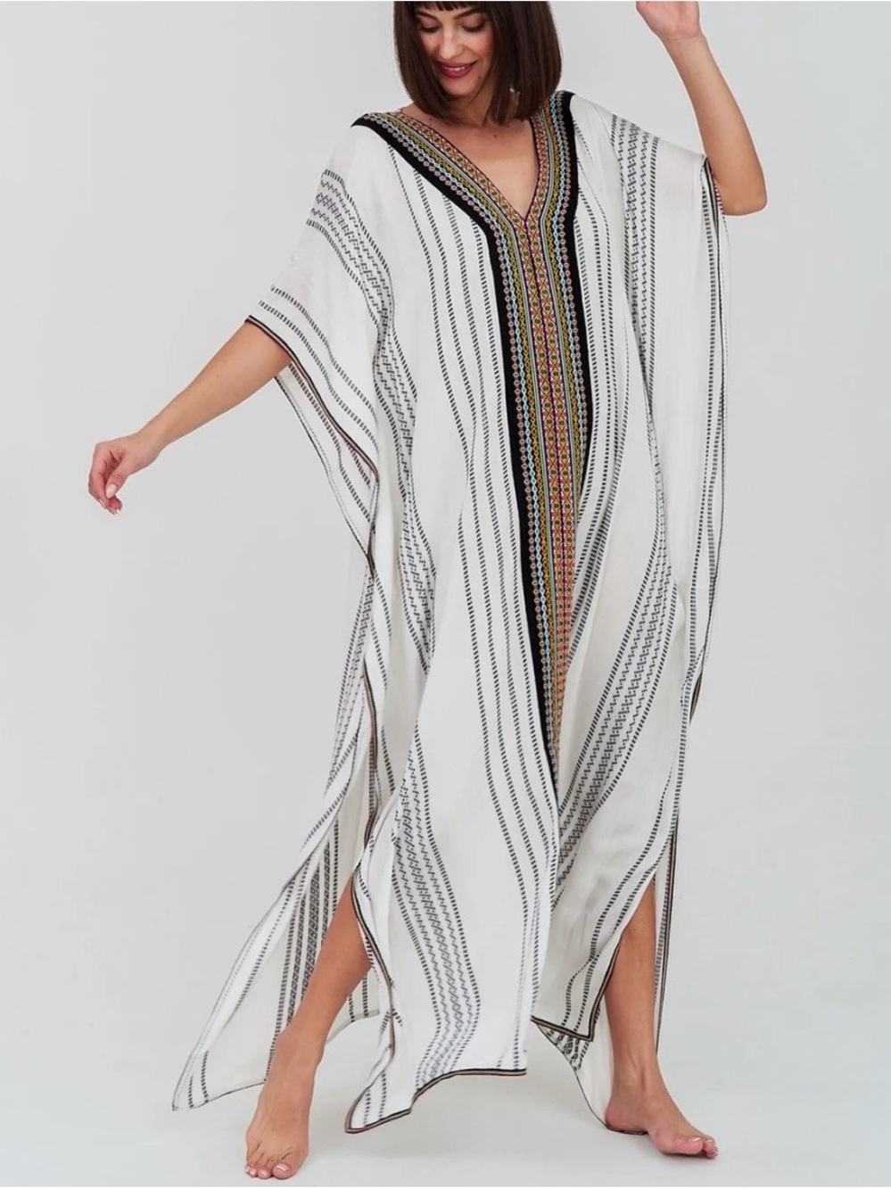 Pitusa Thobe Midi Cover Up Dress Womens OS White Cotton V-Neck Stripe